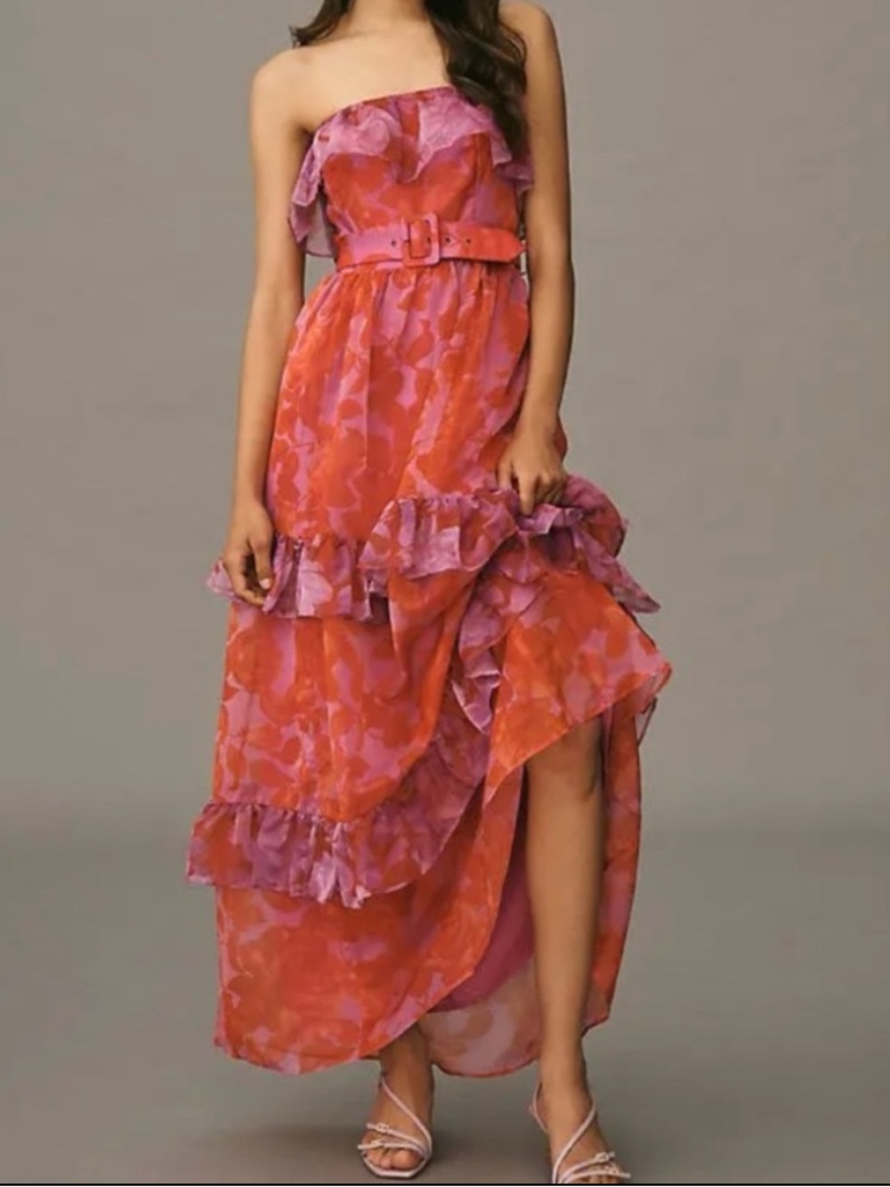 NWT Anthro Strapless Rose print Tiered Belted Party Wedding Chiffon Maxi Dress M